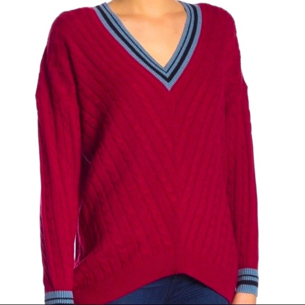 Joie Cashmere Cotton Golibe Red Oversize Boyfriend Cable Knit Pullover Sweater